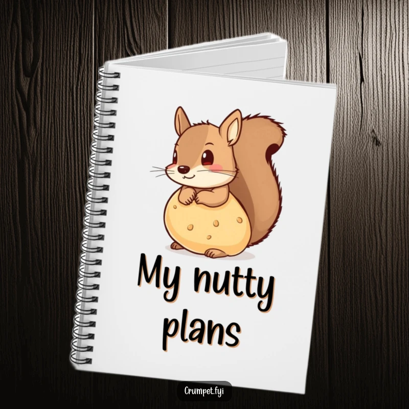 Funny notebook cover featuring a mischievous squirrel peeking from behind a large crumpet, perfect for note-taking.