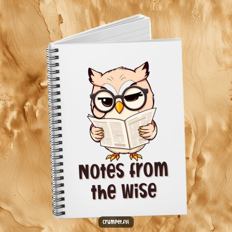 Funny notebook with a winking owl wearing a monocle and reading a newspaper, encouraging smart note-taking.