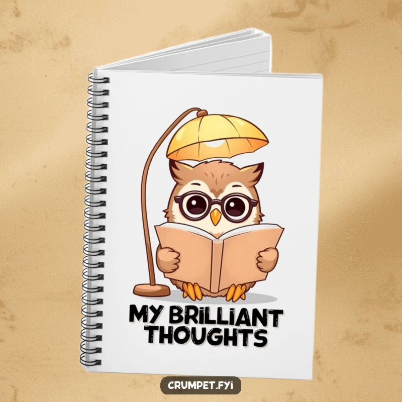 Funny Notebook featuring a smiling owl wearing spectacles reading a book under a lamp, perfect for journaling or note-taking with a scholarly theme.