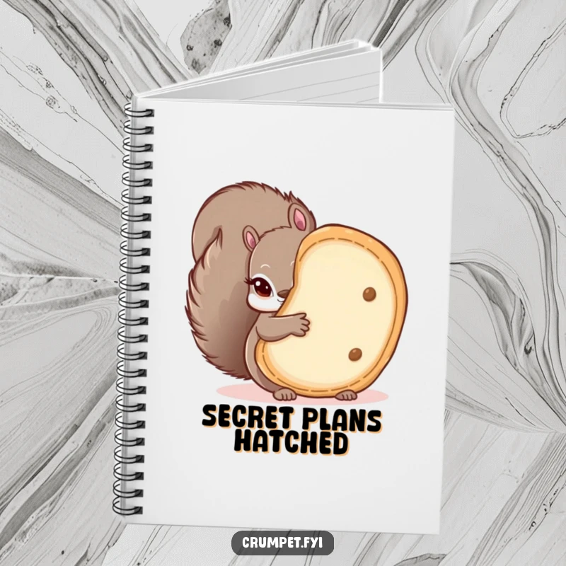 Funny notebook featuring a mischievous squirrel peeking from behind a large crumpet, ideal for note-taking with a humorous and cheeky flair.