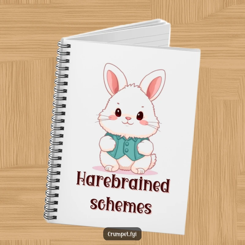 Funny fluffy bunny wearing a waistcoat, hopping, on the cover of a notebook, ideal for funny gift.