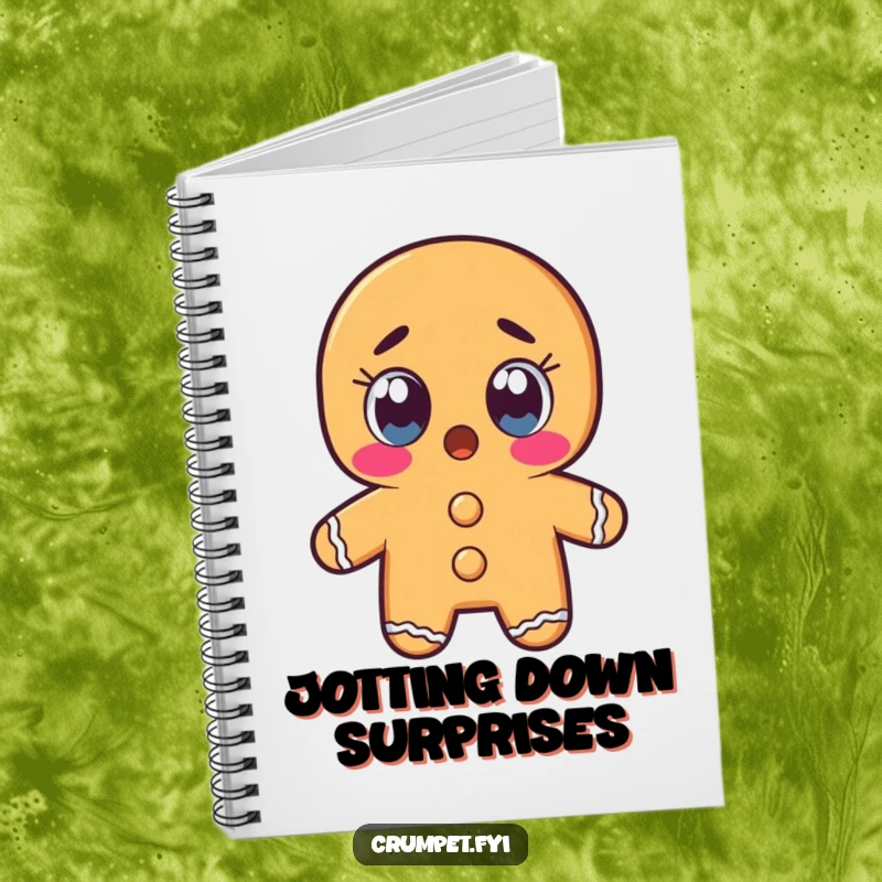 Funny gingerbread man character with wide, shocked eyes on a notebook, encouraging dramatic and funny note-taking.