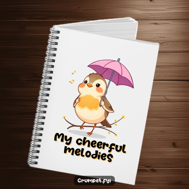 Funny Notebook featuring a cheerful robin holding an umbrella, singing a tune, ideal for jotting down happy thoughts.