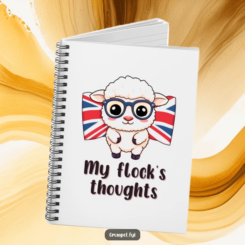 Funny British sheep wearing spectacles peeking from Union Jack flag on a ruled notebook.