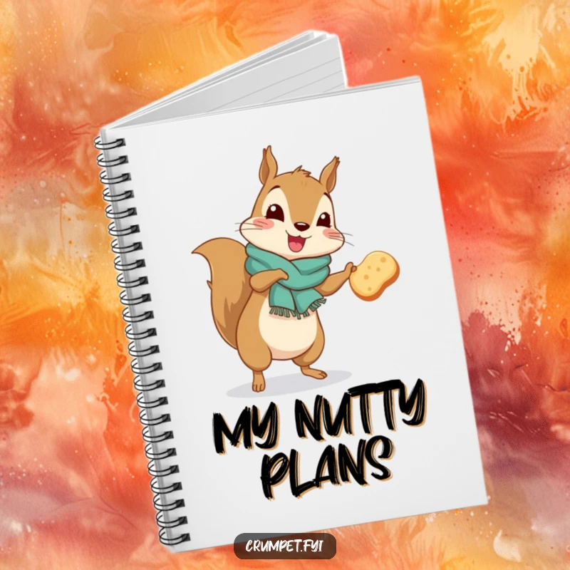 Funny squirrel wearing a scarf doing a silly jig with a crumpet on a ruled notebook.