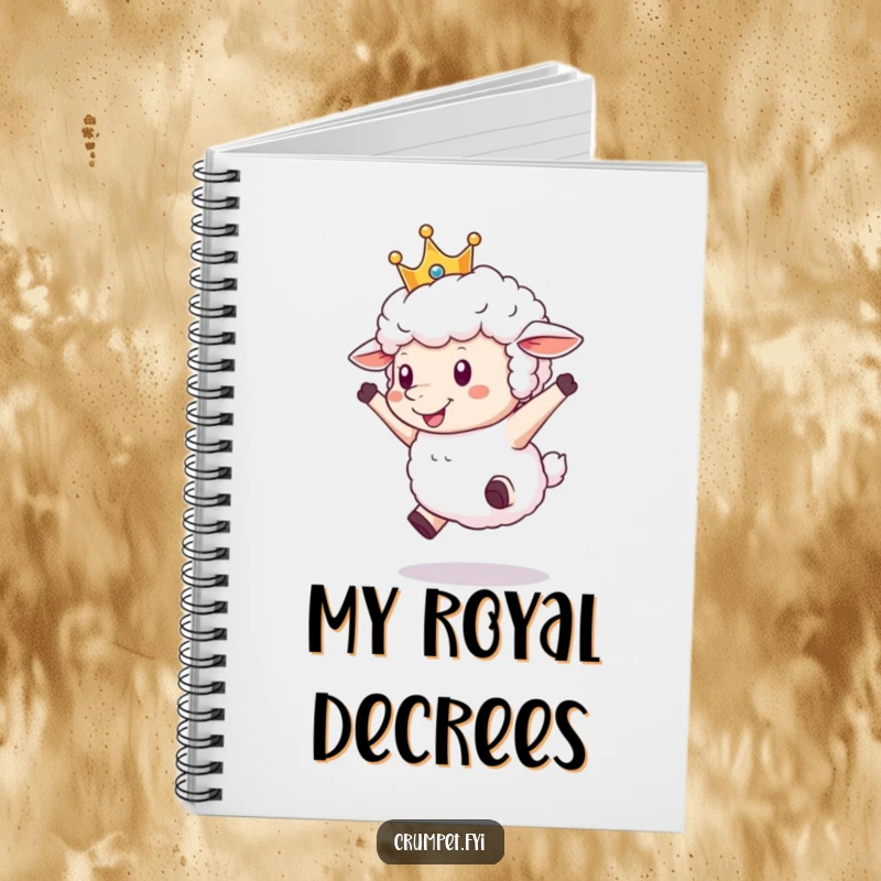 Funny Sheep Notebook with a fluffy sheep wearing a crown, joyfully leaping, ideal for writing and sketching with a humorous royal flair.