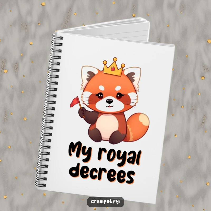Funny red panda notebook with a cute red panda character wearing a tiny crown and waving a small flag.