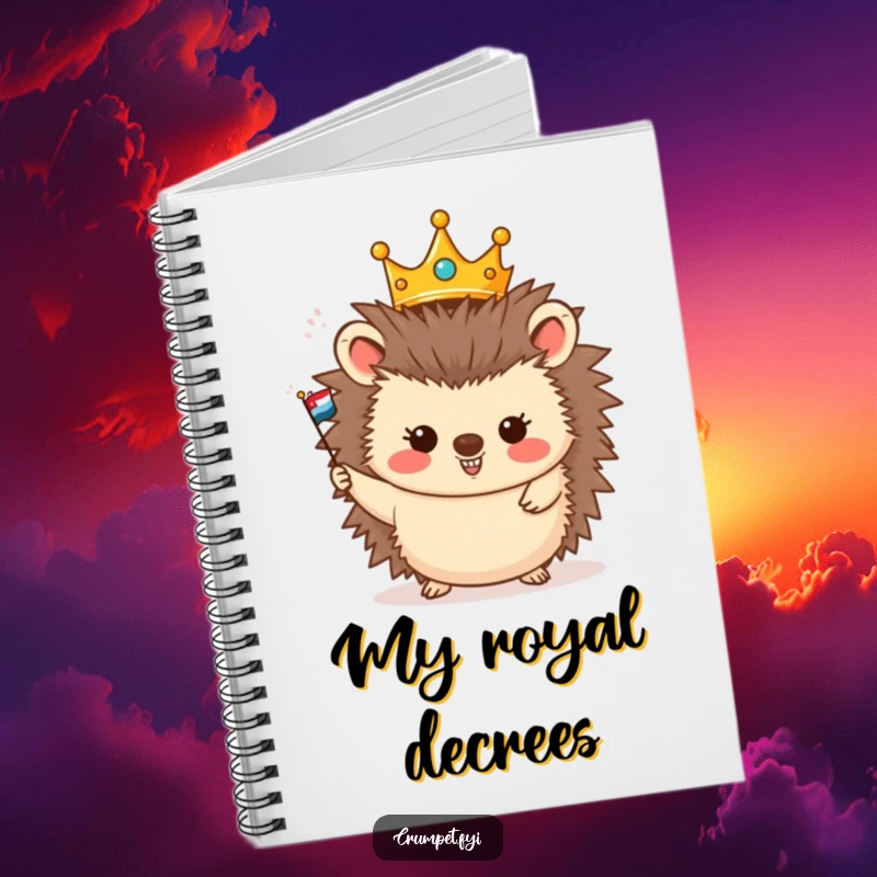 Funny notebook cover featuring a crowned hedgehog happily waving a miniature flag, ready for jotting down royal decrees.