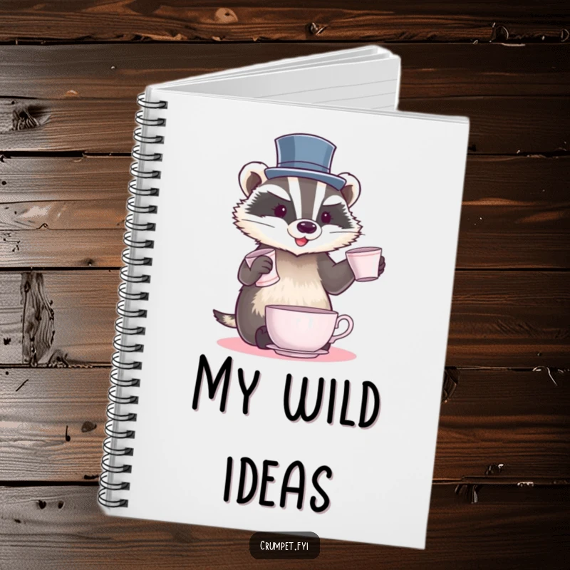 Funny Badger Notebook with a badger in a top hat juggling teacups, ideal for jotting down ideas with a touch of sophisticated humor.
