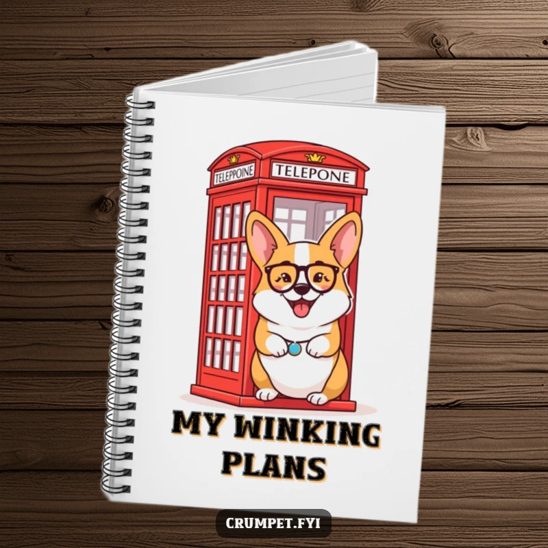 Funny Notebook: A delighted corgi wearing a monocle winks beside a red telephone box.