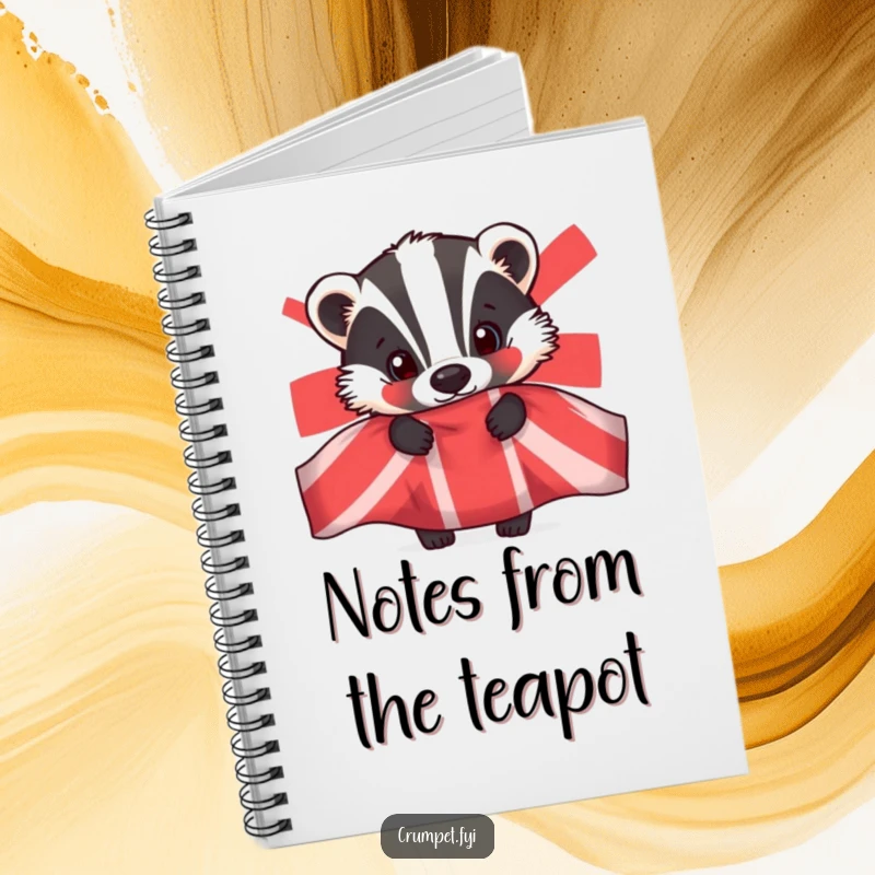 Funny badger notebook, journal for notes, curious animal peeking from teapot, humorous stationery, gift for writers.