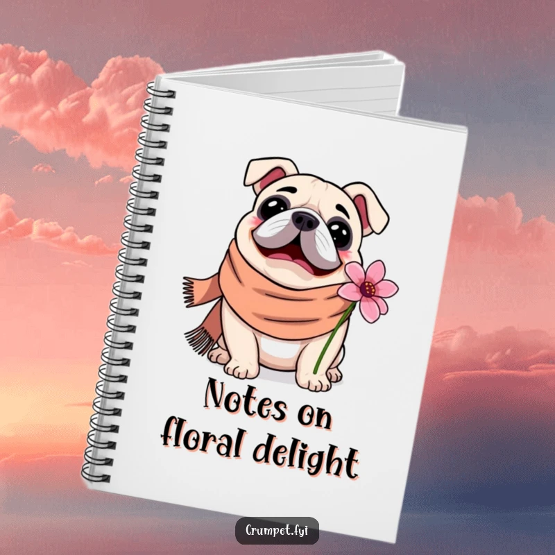 Funny Notebook featuring a content bulldog wearing a scarf, happily sniffing a flower, perfect for journaling or note-taking with a cute theme.