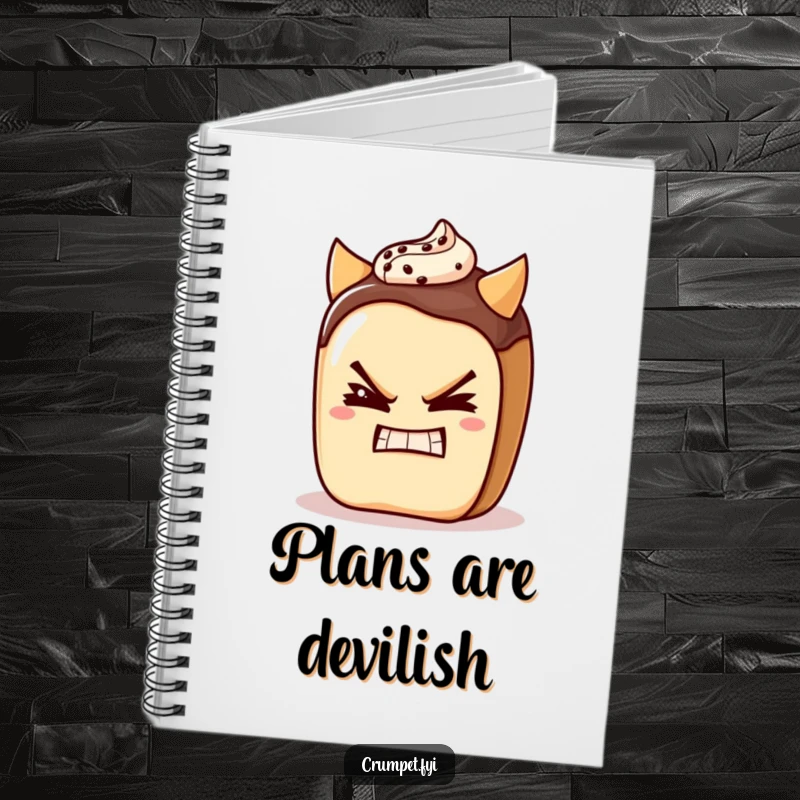 Funny pain au chocolat character winking with a devilish grin on a notebook, encouraging witty and mischievous note-taking.