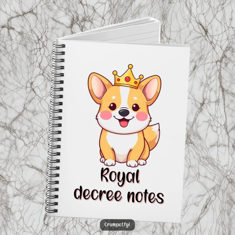 Funny happy corgi notebook wearing a tiny crown, tail wagging, perfect for jotting down ideas with royal charm.
