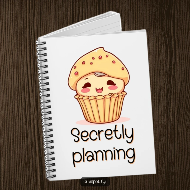Funny playful muffin character peeking out from behind another pastry on a notebook, inspiring cute and organized thoughts.