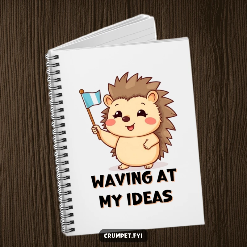 Funny notebook with a cheerful hedgehog waving a small flag, encouraging happy journaling and note-taking.