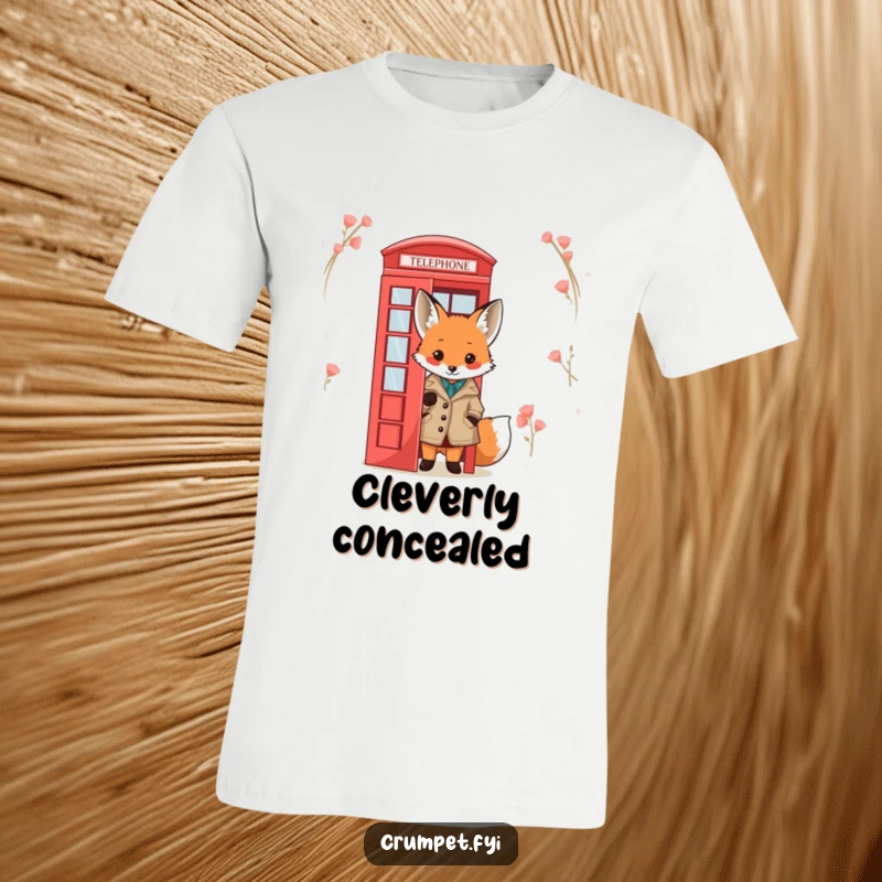 Funny Fox T-Shirt: A cute fox in a tweed jacket peeks from behind a red telephone box, showcasing playful curiosity and style.