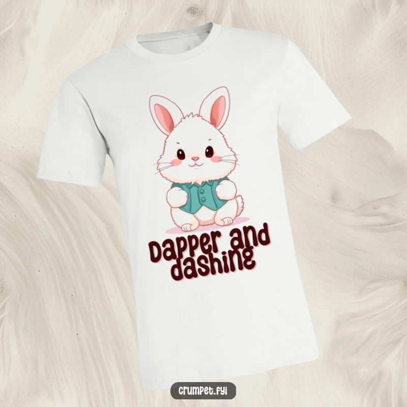 Funny fluffy bunny in a waistcoat, depicted mid-hop on a t-shirt, a charming funny present.