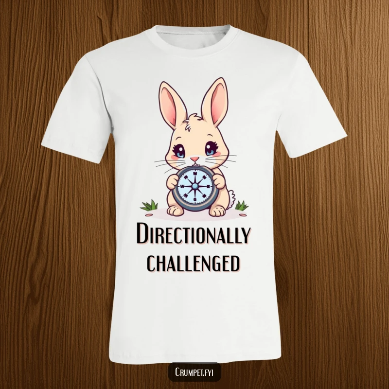 Funny Rabbit T-Shirt: A curious rabbit with bright eyes holds a compass, ready for adventure, a humorous and relatable funny gift.