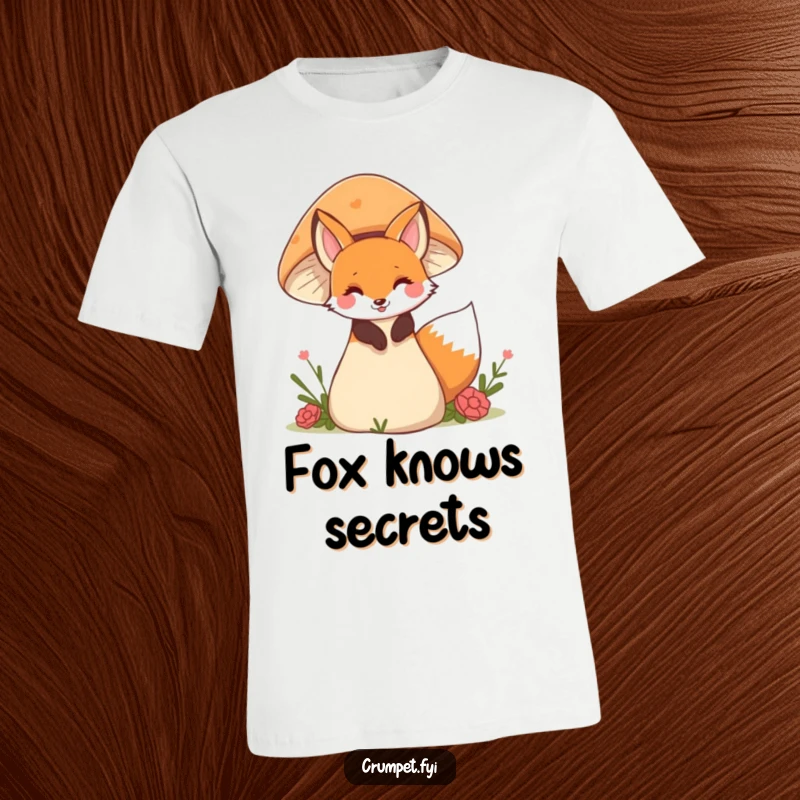 Funny fox t-shirt with a mischievous fox peeking from behind a giant mushroom, symbolizing curiosity and forest fun.