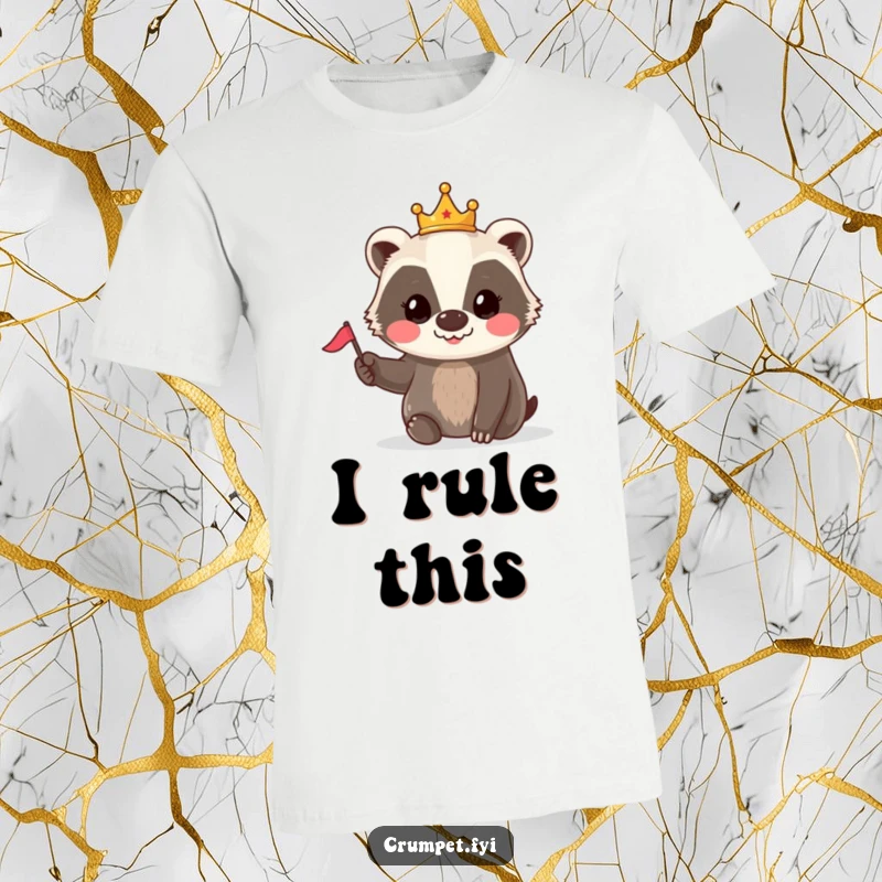 Funny Badger Crown Flag T-Shirt: A smiling badger in a tiny crown waves a small flag, showing cheerful royal spirit.