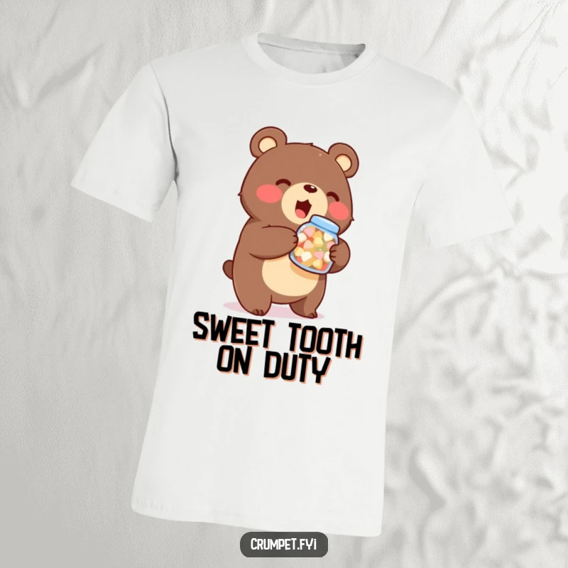Funny bear t-shirt, stout character holding sweets jar, enthusiastic animal graphic, humorous cartoon apparel, unique gift.