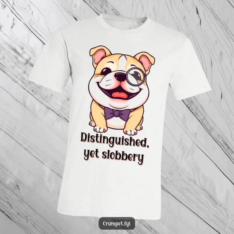 Funny Bulldog T-Shirt: A joyful bulldog wearing a monocle and bow tie, looking distinguished and making a funny gift.
