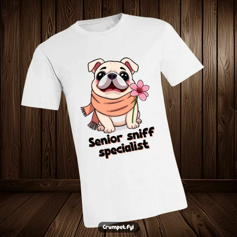 Funny T-Shirt featuring a content bulldog wearing a scarf, joyfully sniffing a delicate flower, celebrating simple pleasures and cute pets.