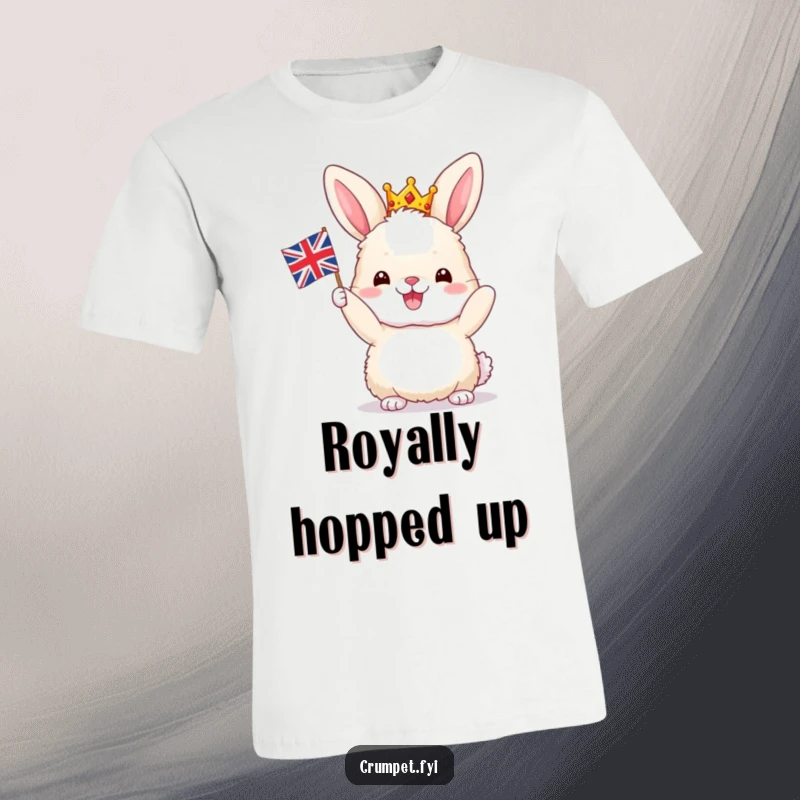 Funny Bunny T-Shirt: A fluffy bunny wearing a tiny crown joyfully waves a miniature Union Jack, embodying British cheer and humor.