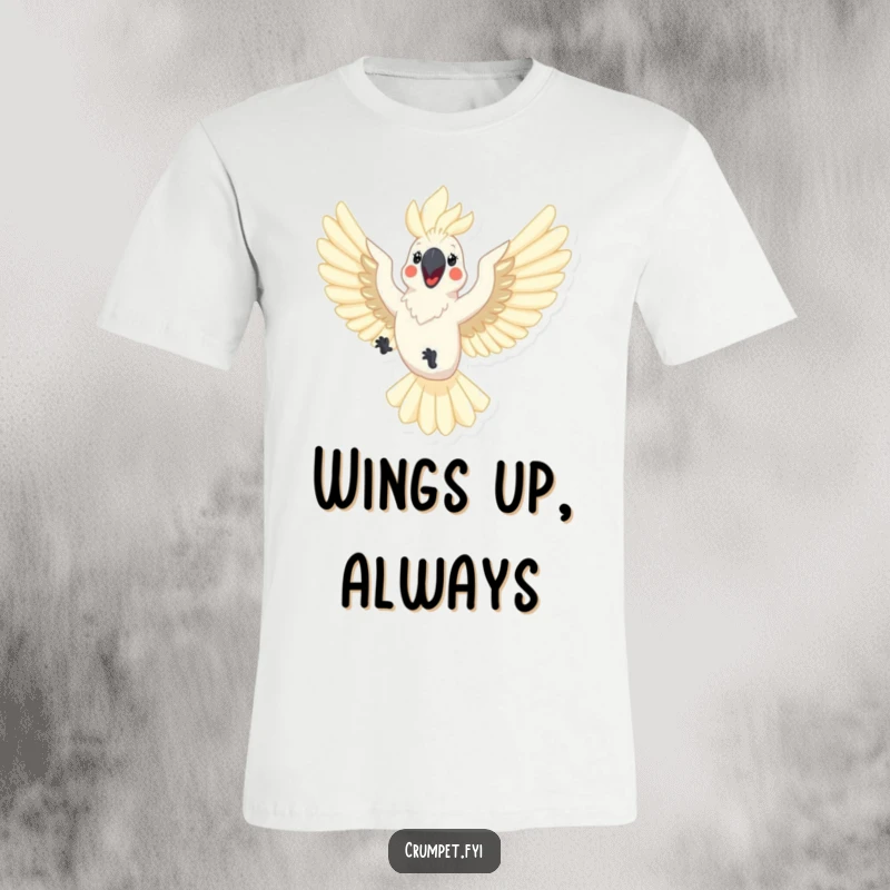 Funny cockatoo t-shirt depicting a happy cockatoo flying with outstretched wings. A joyful and humorous design for bird lovers.