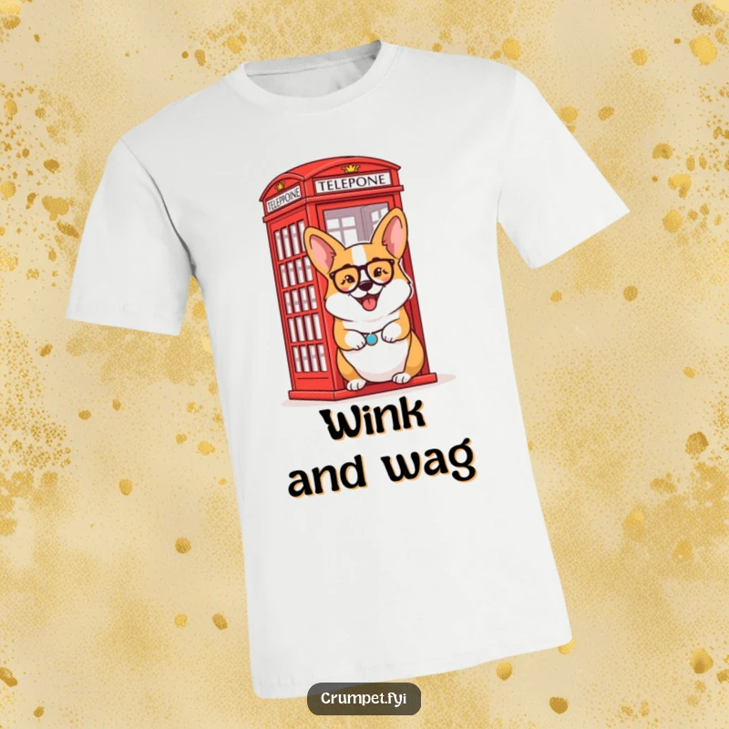 Funny T-Shirt: A happy corgi with a monocle gives a knowing wink next to a bright red telephone box.