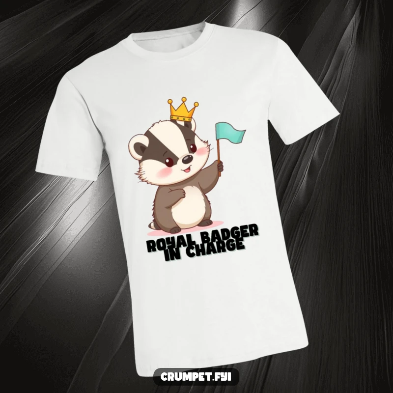 Funny T-Shirt with a cute badger wearing a tiny crown, joyfully waving a small flag, perfect for animal lovers and royalty fans.