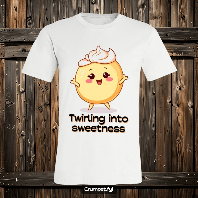 Funny t-shirt featuring a cheerful Danish pastry character with frosting hair, joyfully twirling.