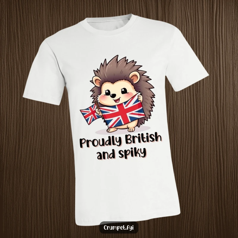Funny happy hedgehog t-shirt proudly holding a waving Union Jack flag, embodying cheerful British patriotism.