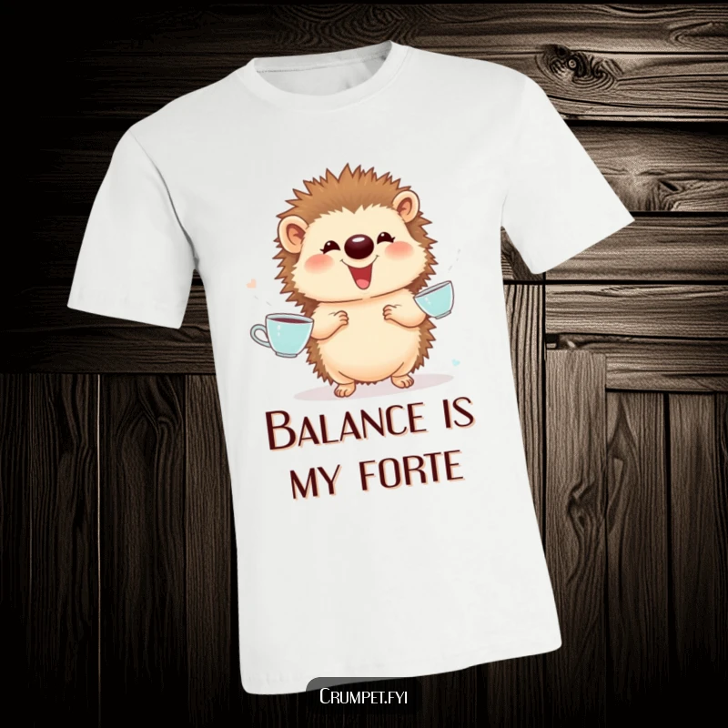 Funny T-Shirt: A proud, giggling hedgehog skillfully juggles miniature teacups, embodying playful concentration and immense joy.
