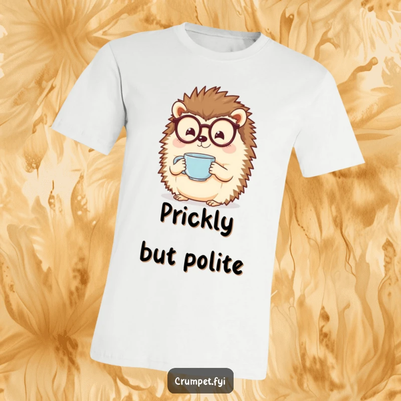 Funny hedgehog with spectacles holding a steaming teacup on a comfortable tee. A charming funny gift.