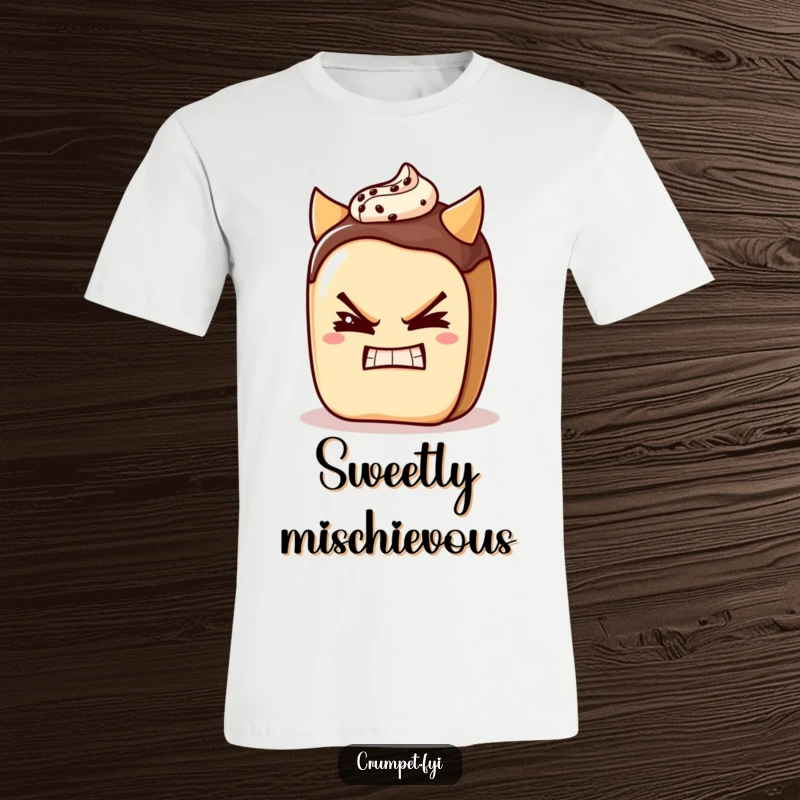 Funny pain au chocolat character winking with a devilish grin on a t-shirt, embodying playful temptation.