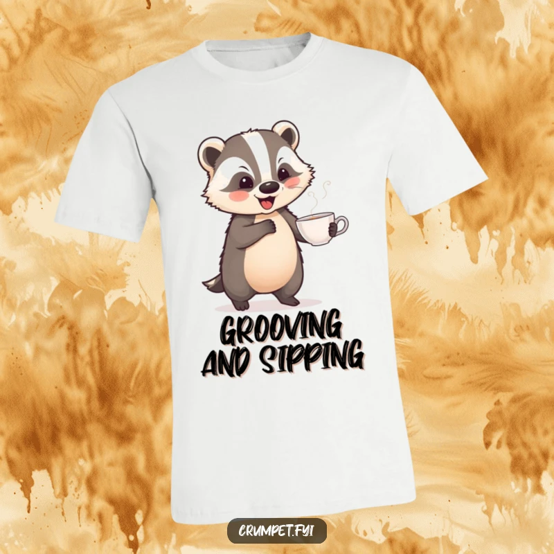Funny t-shirt design of a playful badger doing a jaunty dance with a teacup, capturing whimsical, humorous energy.