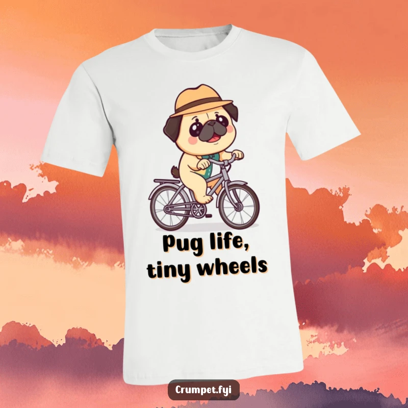 Funny t-shirt with a happy pug in a bowler hat, riding a miniature bicycle with pure joy, creating a whimsical and eye-catching look.