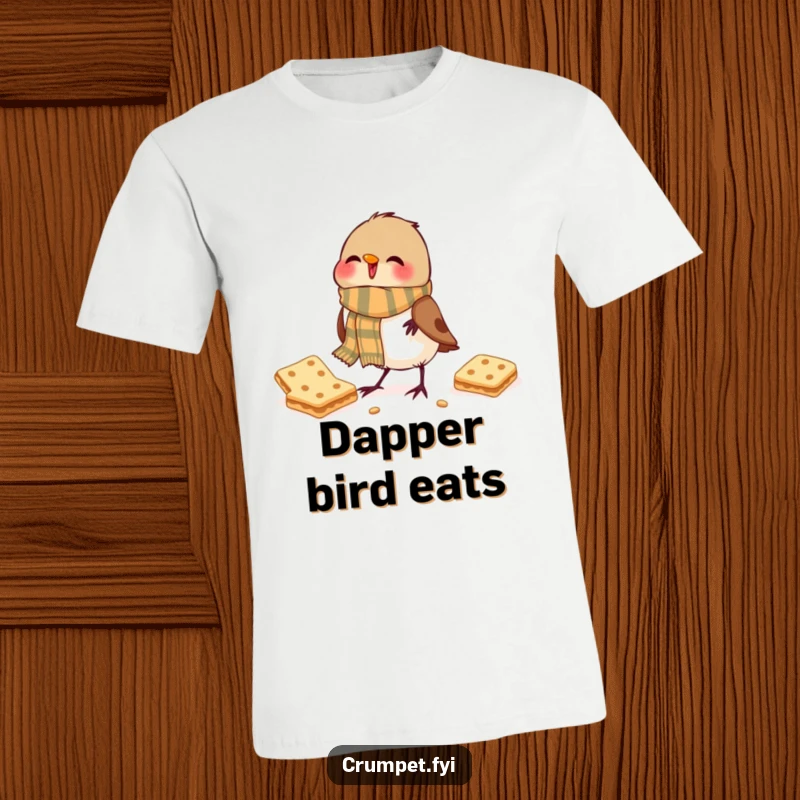 Funny T-Shirt: A jubilant robin adorned with a scarf happily pecks at a small biscuit.