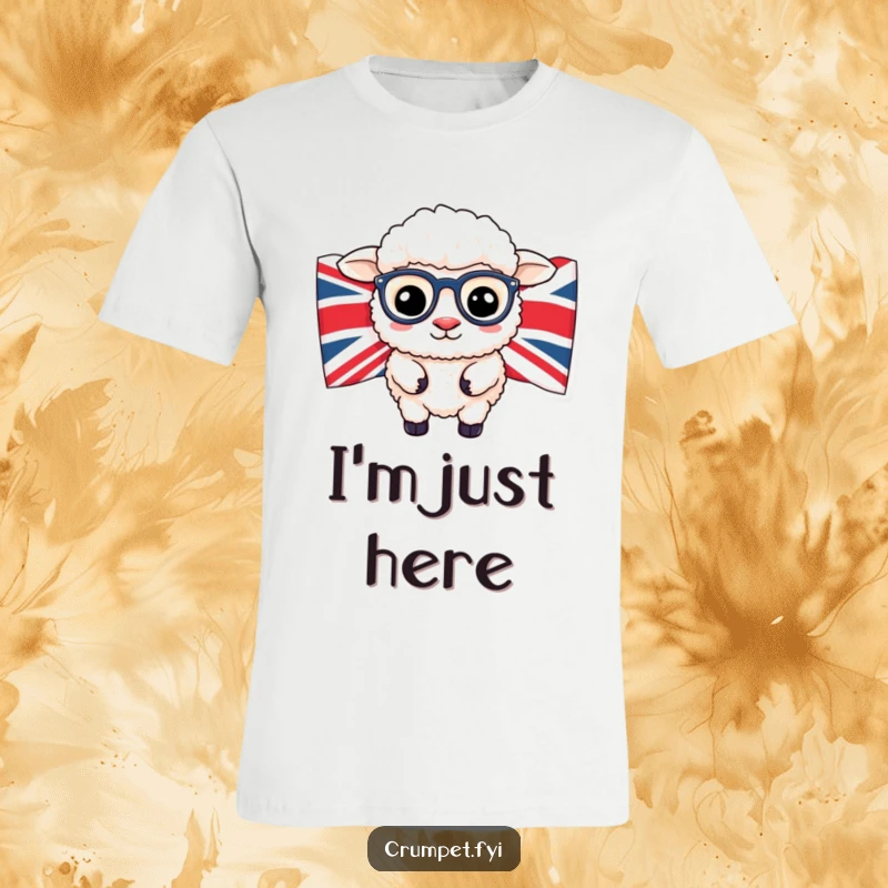 Funny fluffy sheep with spectacles peeking out behind a Union Jack flag, British humor T-shirt.
