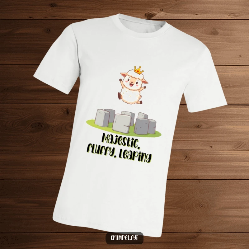Funny T-Shirt: A fluffy sheep adorned with a tiny crown joyfully leaps over a small replica of Stonehenge.