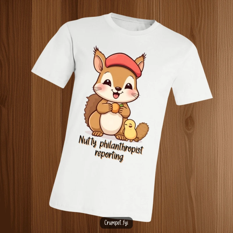 Funny T-Shirt featuring a happy squirrel wearing a beret, generously sharing nuts with a companion, celebrating friendship and cute moments.