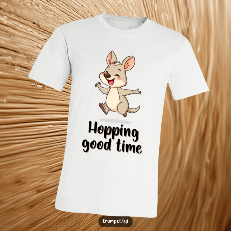 Funny wallaby t-shirt depicting a giggling wallaby hopping energetically. A humorous and fun design for animal lovers.