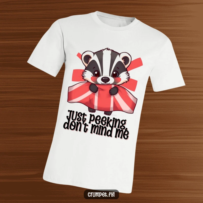 Funny badger t-shirt, curious animal peeking from behind a teapot, humorous wildlife graphic tee, unique gift for quirky personalities.