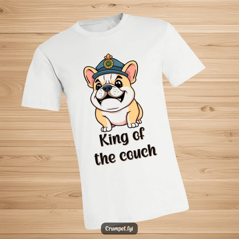 Funny T-Shirt: A happy bulldog dons a ceremonial hat, striking a supremely confident and distinguished pose.