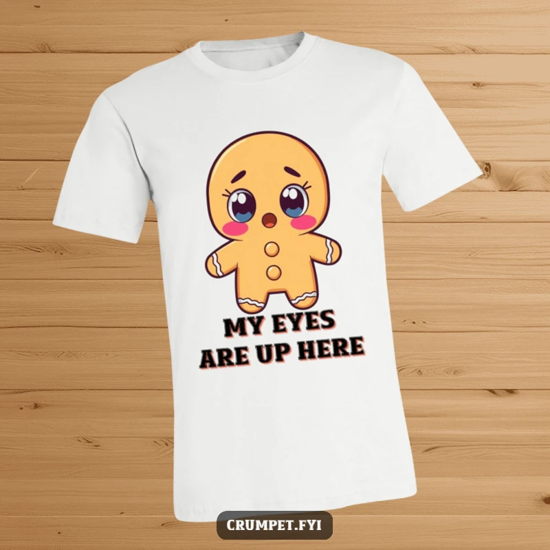 Funny gingerbread man character with wide, shocked eyes on a t-shirt, conveying hilarious astonishment.