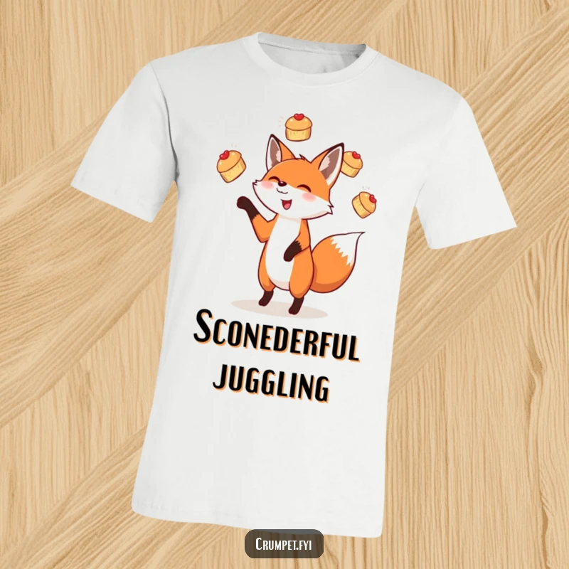 Funny t-shirt featuring a delighted fox in motion, juggling miniature scones, perfect for a playful and humorous look.