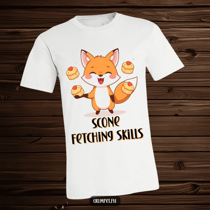 Funny t-shirt depicting a happy fox with a wide grin, juggling three small, delectable scones in mid-air.