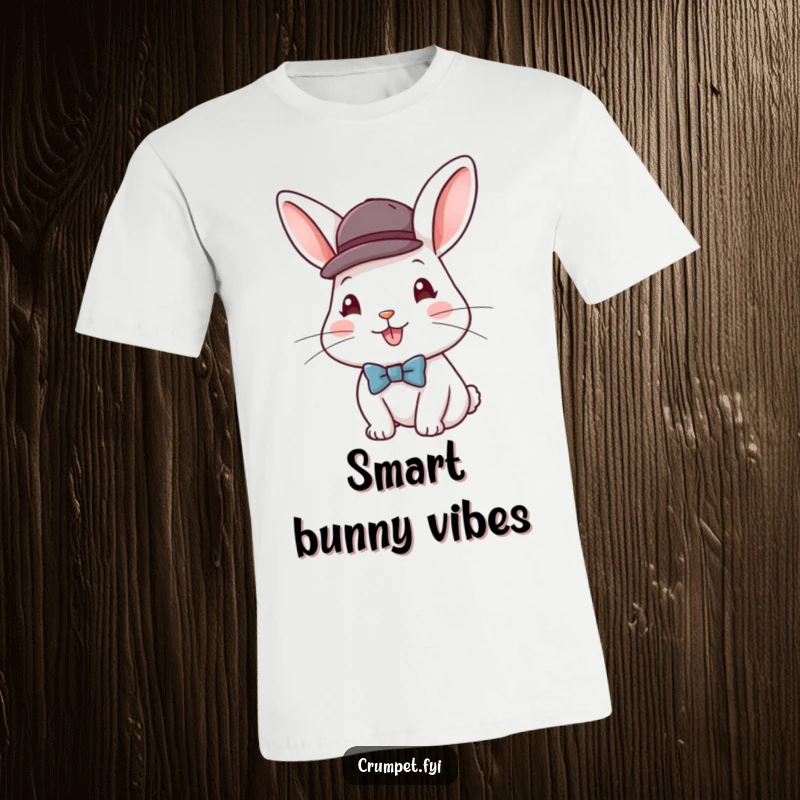 Funny t-shirt showcasing a happy rabbit wearing a small bowler hat and a bow tie, embodying a sophisticated and amusing look.